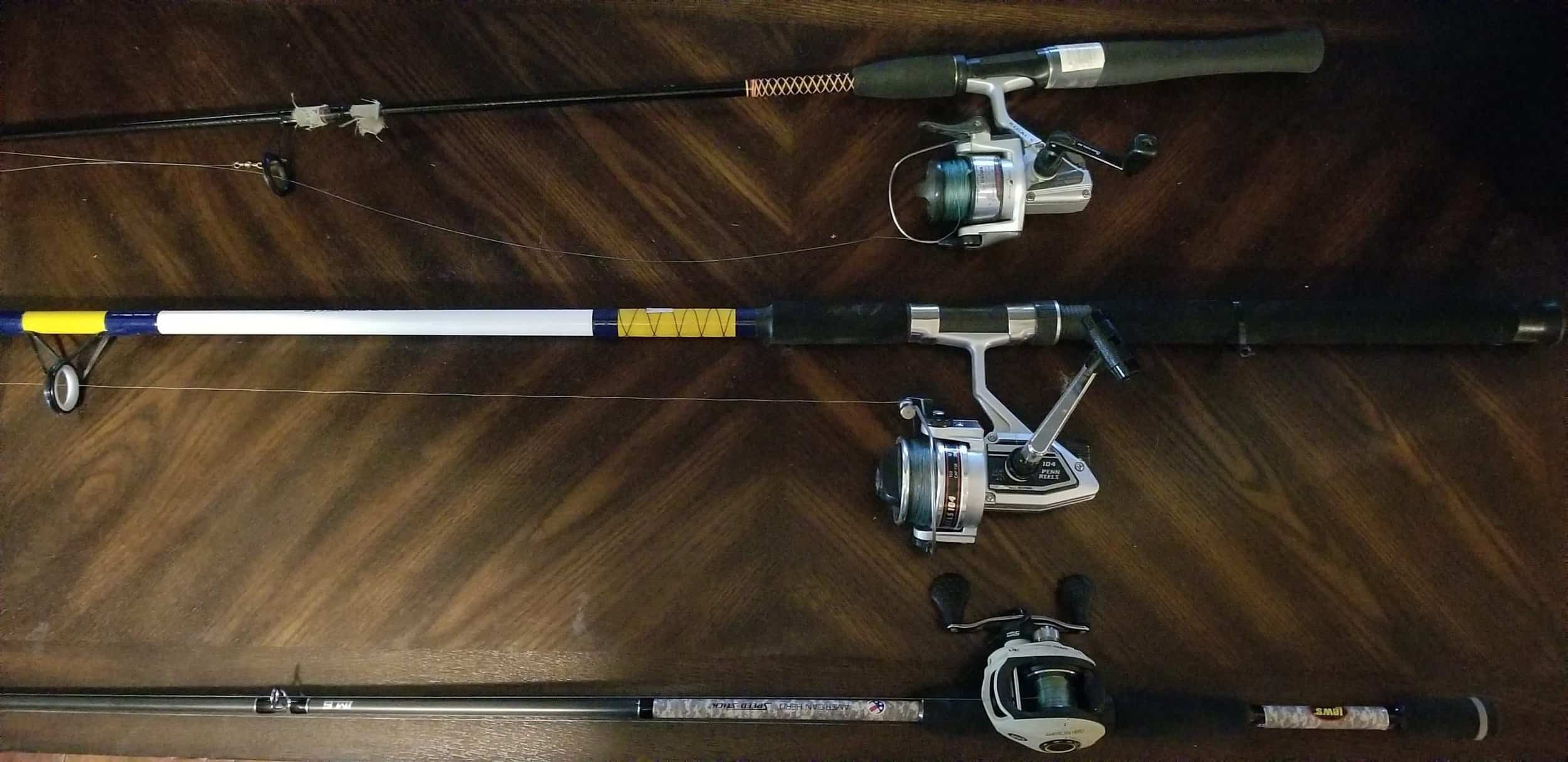 Spinning reel with bail, open top Spinning reel with bail closed middle and baitcasting reel with line leveler