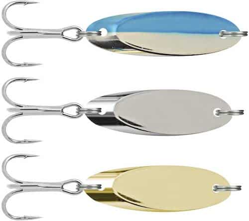 Three SouthBend Kastaway Trophy Spoons, an excellent piece of trout tackle, against a white background.