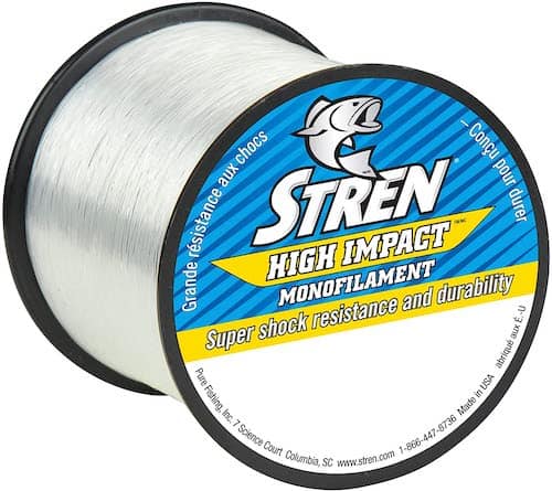A spool of Stren High Impact Monofilament fishing line against a white background.
