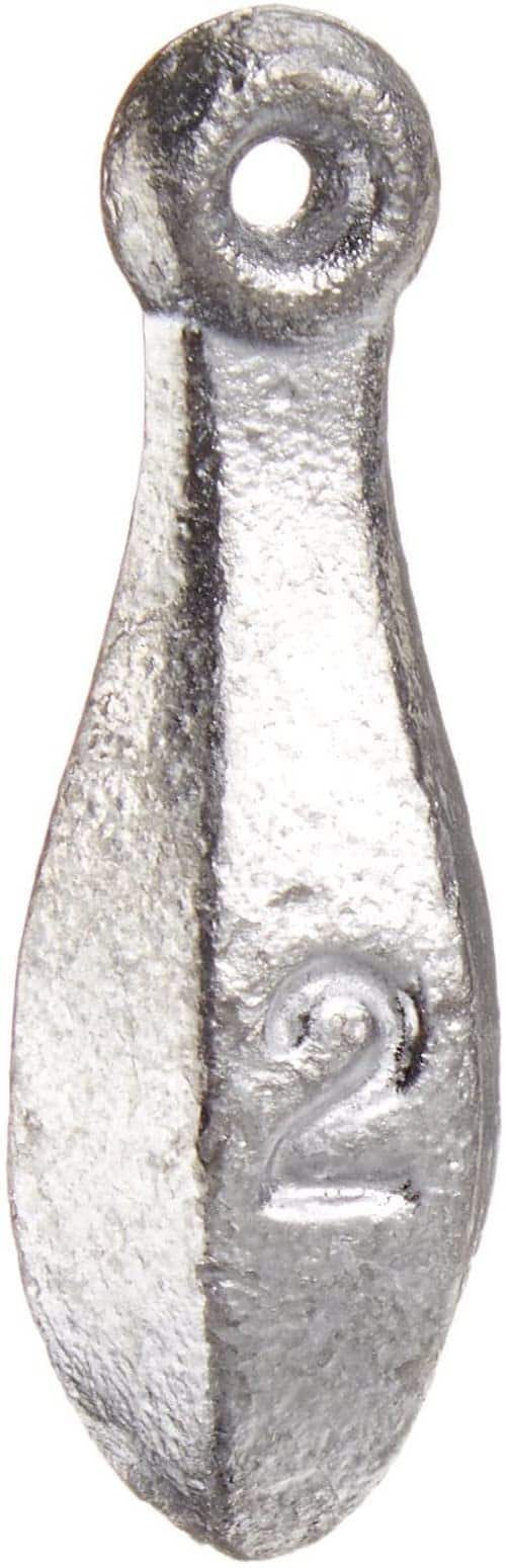 A lead fishing weight against a white background.